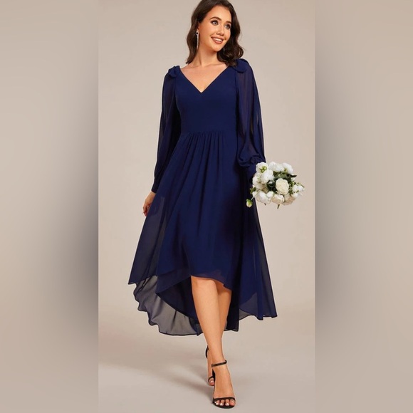 Ever Pretty Longsleeve V-Neck Midi Chiffon Dress Sz 12 Navy Wedding Fairy NWT - Picture 3 of 5